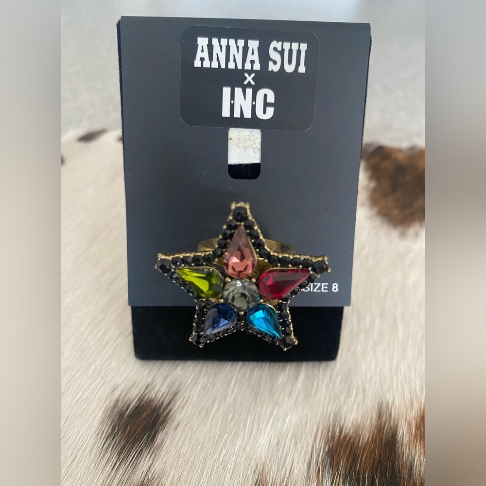 NWT Authentic Anna Sui Inc. Multi Stone STAR Cluster Bling Rainbow Ring